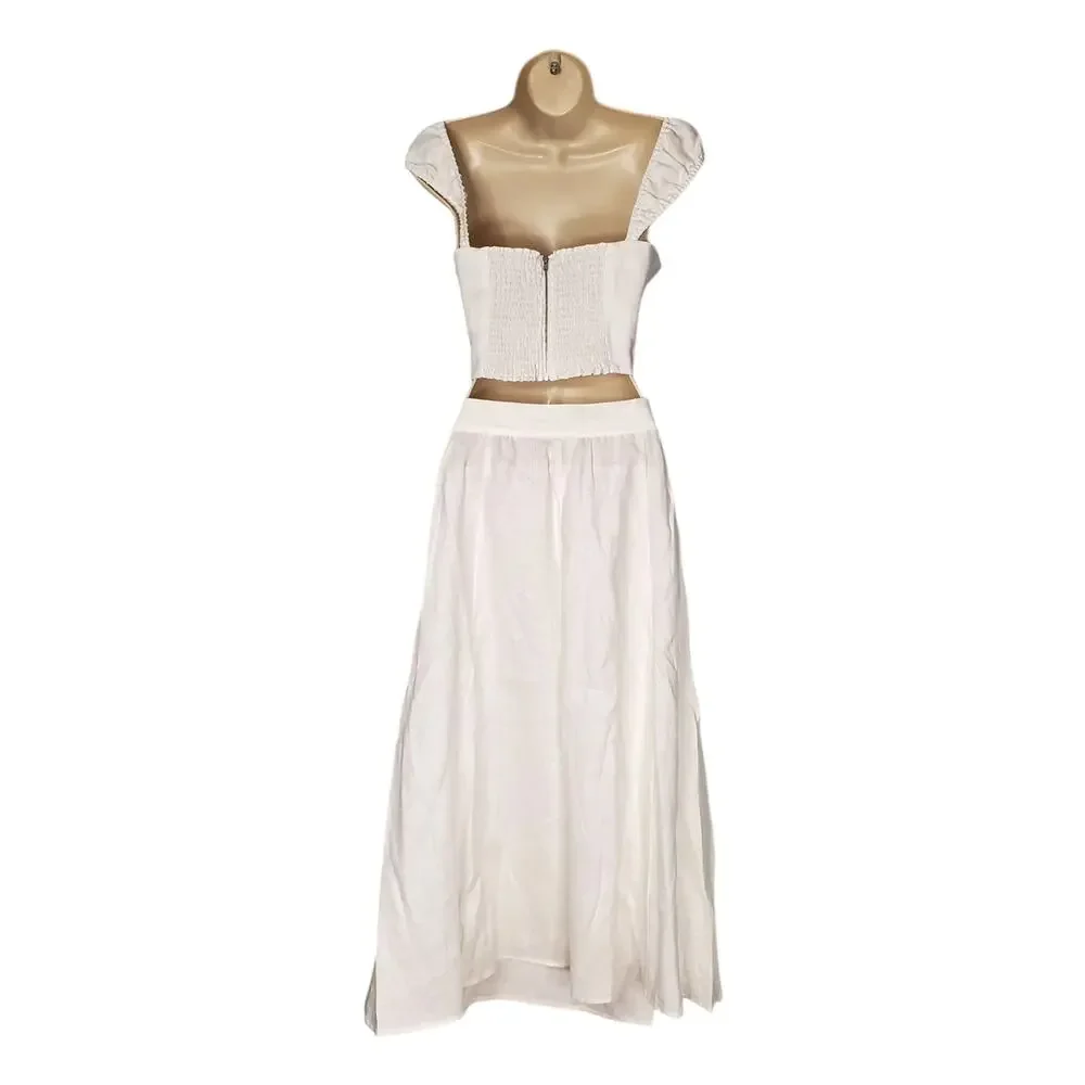 Reformation Clyde 100% Linen Two Piece Crop Top Midi Skirt Set White Size 10